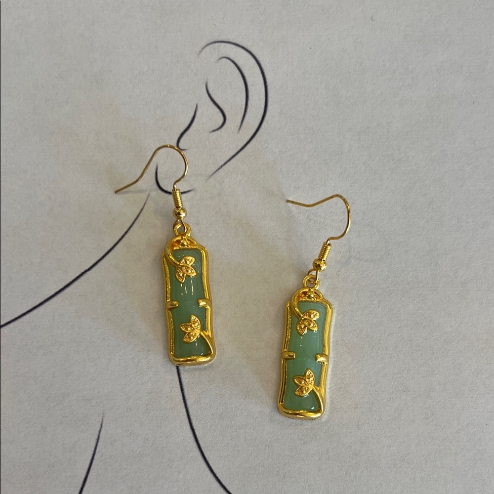 Green Jade Drop Earrings Gold Tone Minimalist Prosperity Dainty Stone Jewelry
